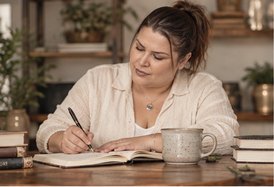 Danielle writing at her desk