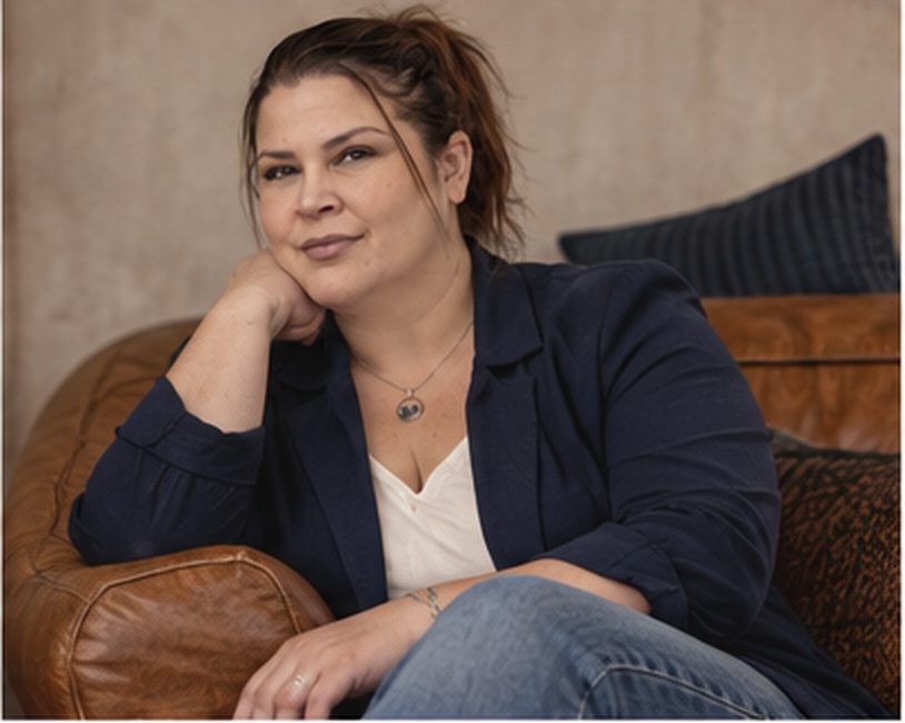 Danielle seated in a navy blazer
