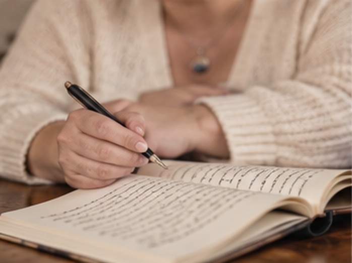 Hands writing in a journal