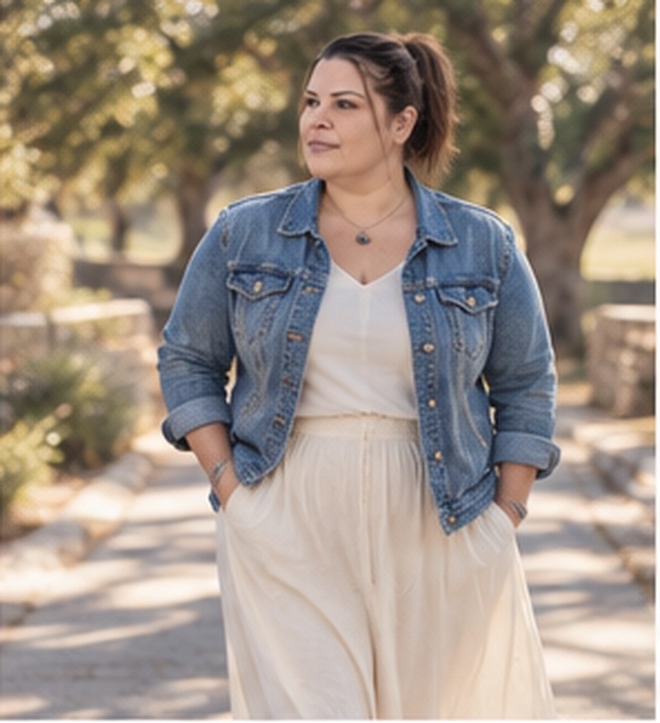 Danielle outdoors in a white dress and denim jacket, looking up